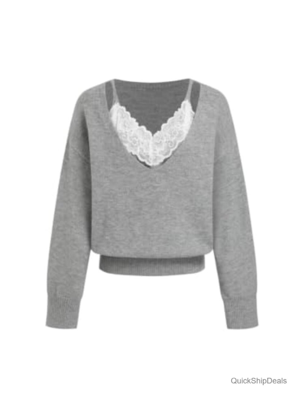 Lace V-Neck Wool Blend Pullover Sweater Long Sleeve Cozy Knit